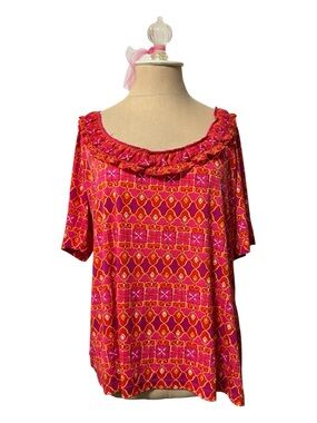 Vintage Covington Ruffled Scoop Neck Women's Top in Pink and Red Size XL